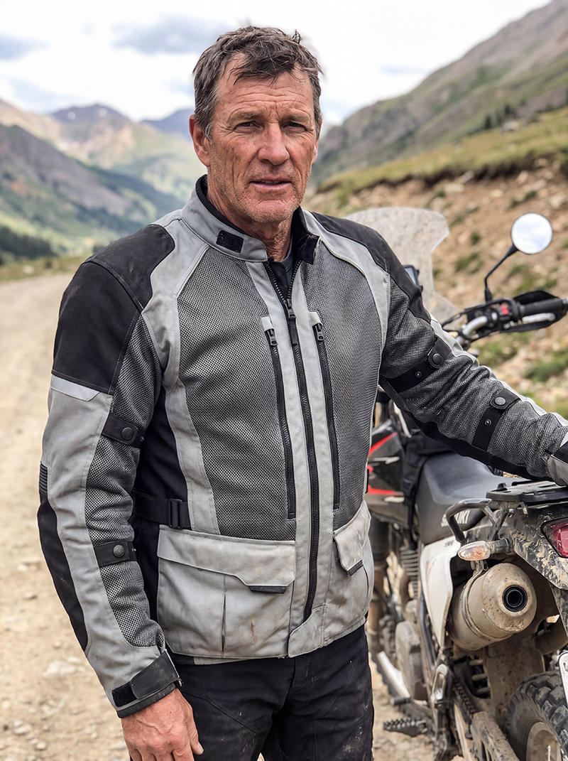 Guy wearing mesh motorcycle jacket off road in warm conditions